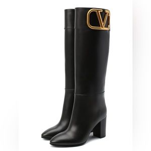 Valentino Garavani Black Heeled Boots with Gold Logo
